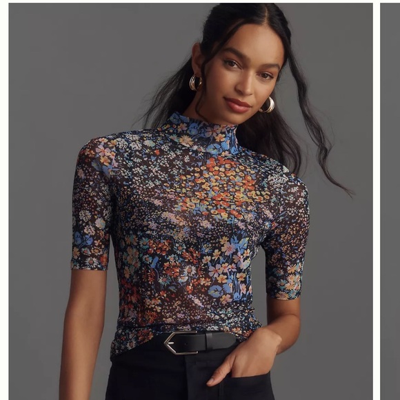 By Anthropologie Half-Sleeve Mesh Top - Picture 1 of 4